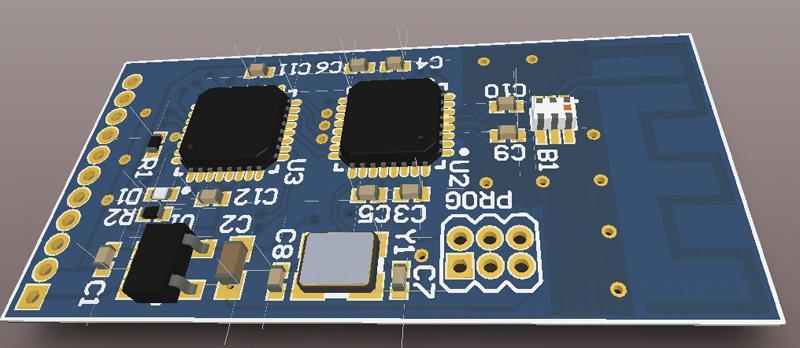 3D rendering of a circuit board with microcontroller, radio, and PCB
trace antenna