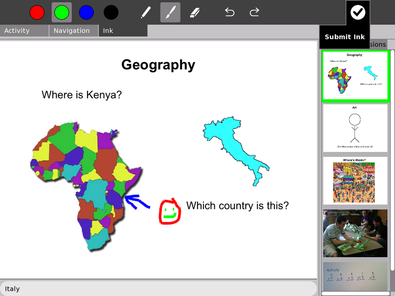 screenshot of a slide with the text 'Where is Kenya', a map of Africa,
and a blue hand-drawn arrow pointing at Kenya next to a hand-drawn smiley
face