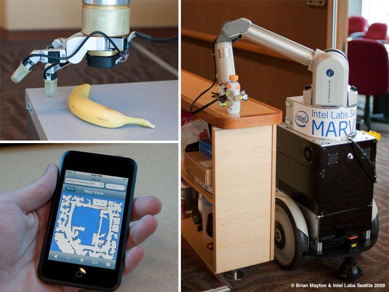 a photo of a robot hand above a banana; a hand holding an iPod Touch
showing a map, and a robot arm on a mobile platform grasping a juice bottle
on a countertop